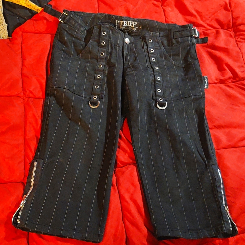 Tripp NYC black pinstripe bondage Capri Pants darkstreet goth hot topic VNT y2k